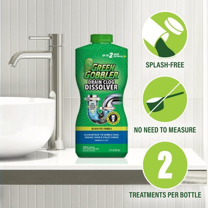 Green Gobbler Liquid Hair Drain Clog Remover & Cleaner, For Toilets, Sinks, Tubs - Septic Safe, 2 Pack