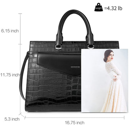 BOSTANTEN Laptop Briefcase for Women 15.6 Inch Tote Bag Genuine Leather Handbag Crocodile Pattern Work Bussiness Bag