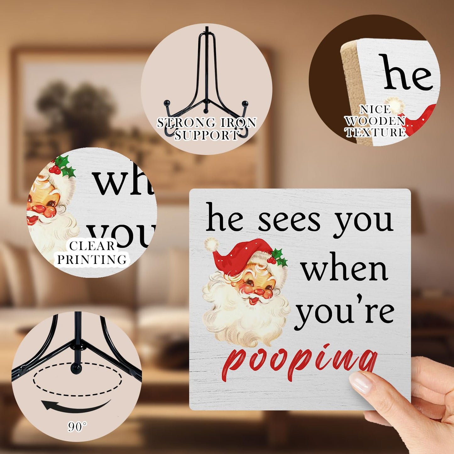 SkipTiger Funny Christmas Bathroom Wooden Desk Sign, He Sees You When You're Pooping Red Christmas Santa Wood Plaque With Stand for Bathroom Toilet Restroom Shelf Counter Decor