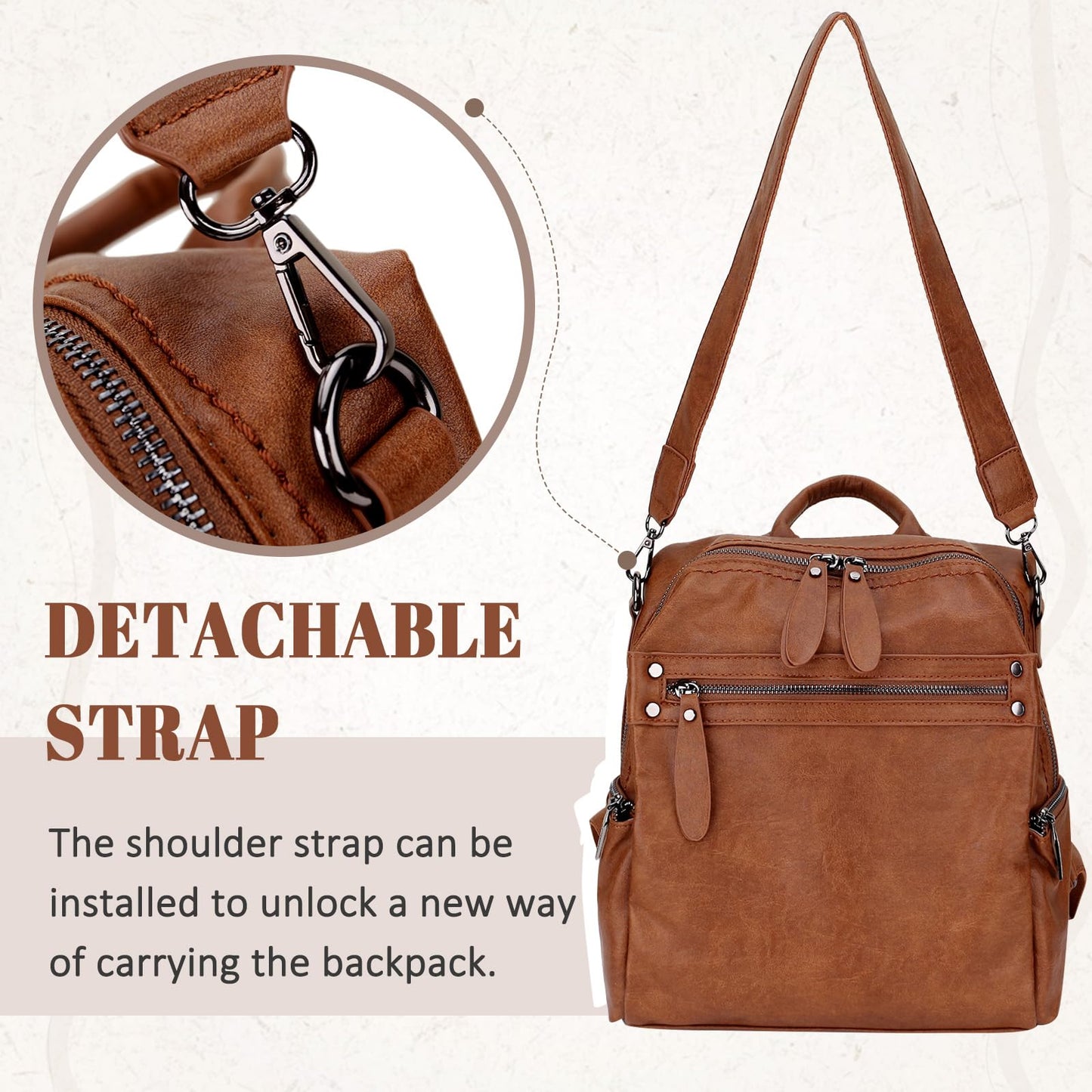 VX VONXURY Backpack Purse for Women, PU Leather Fashion Convertible Backpack Shoulder Bag Ladies Rucksack In 2 Ways To Carry Brown