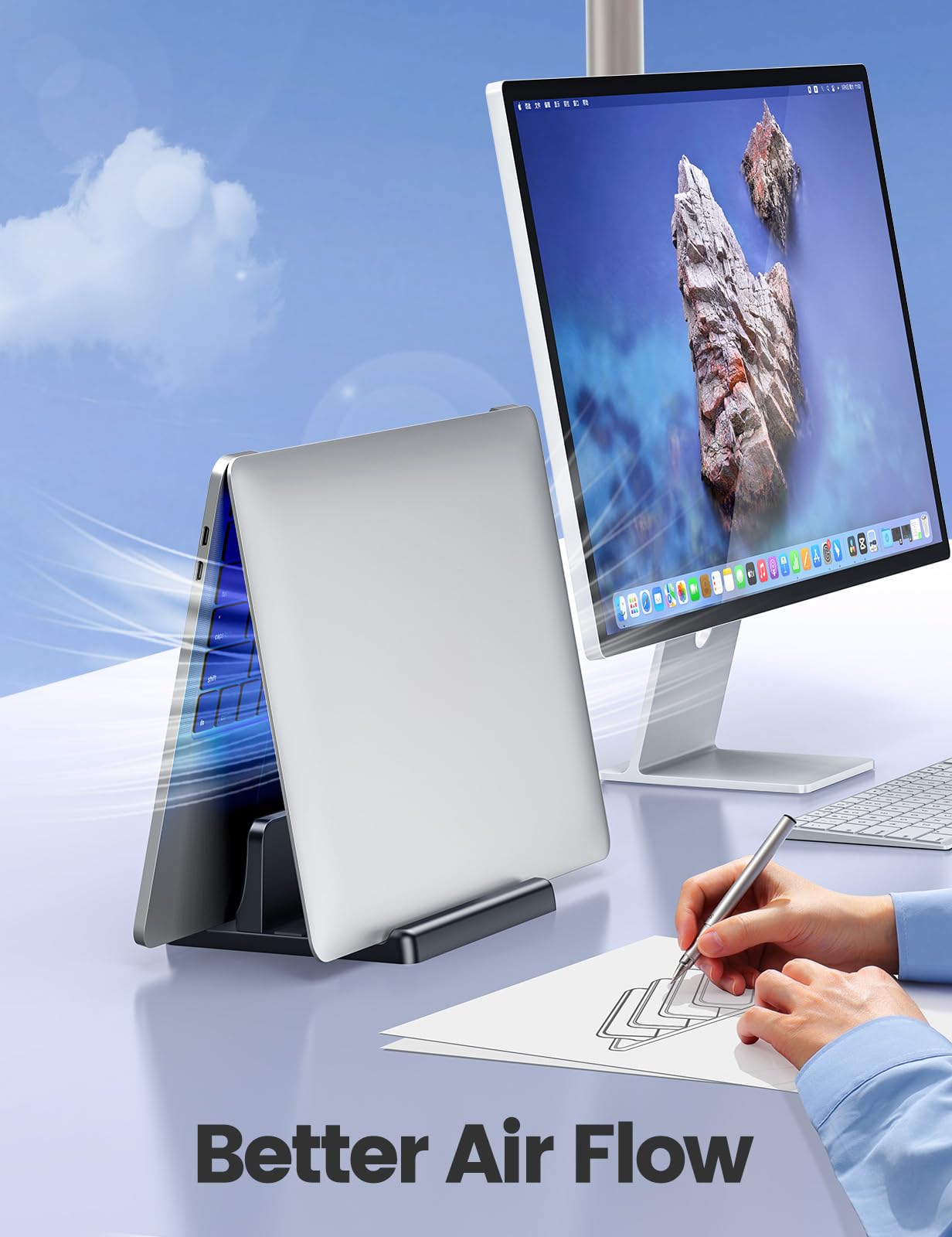 Vaydeer Vertical Laptop Stand Holder Organizer Plastic Adjustable Desktop Notebook Dock Space-Saving 3 in 1 for All MacBook Pro Air,Mac,HP,Dell,Microsoft Surface,Lenovo,up to 17.3 inches (Black)