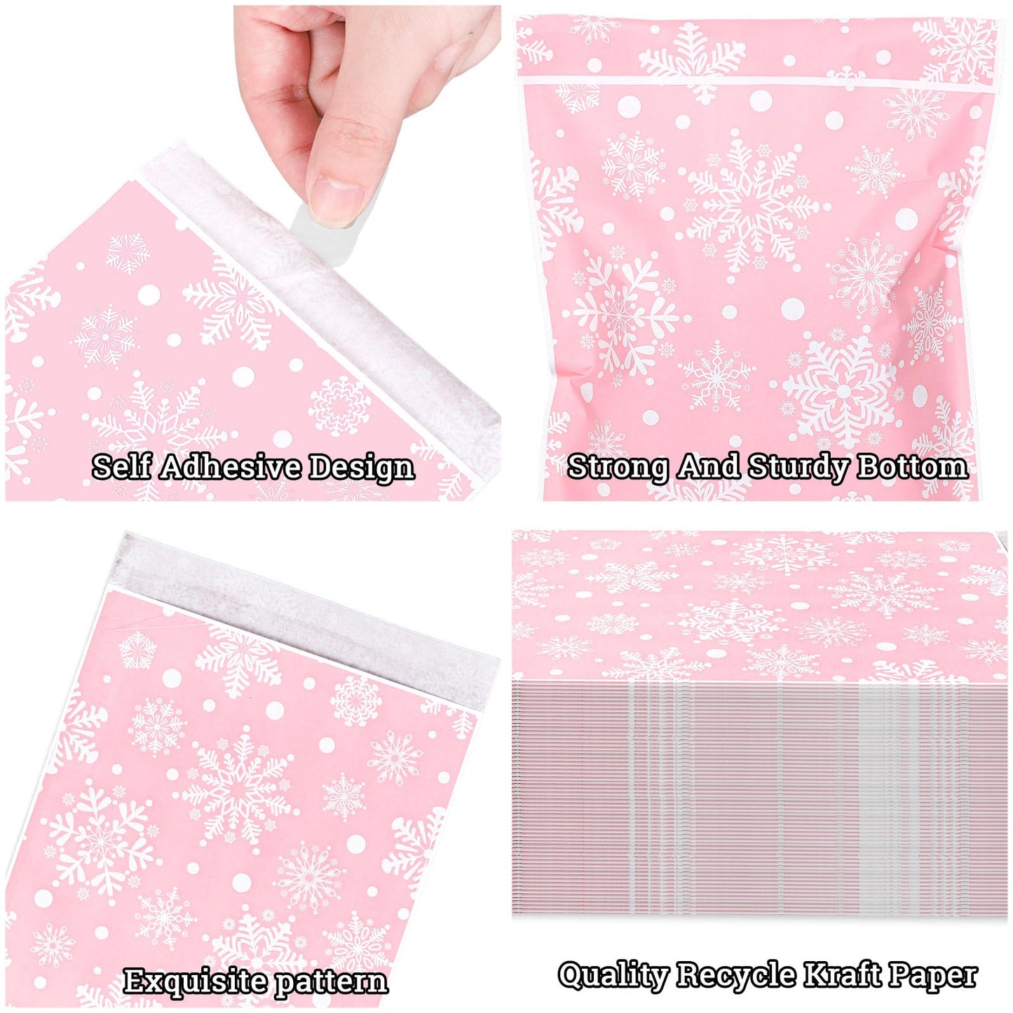 Whaline 100Pcs Winter Snowflake Treat Bags Pink Self-Adhesive Snowflake Candy Buffet Paper Bag Goodie Snack Gift Bags for Xmas Holiday Party Favors