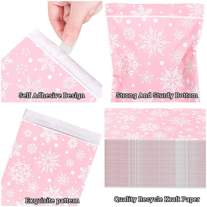 Whaline 100Pcs Winter Snowflake Treat Bags Pink Self-Adhesive Snowflake Candy Buffet Paper Bag Goodie Snack Gift Bags for Xmas Holiday Party Favors