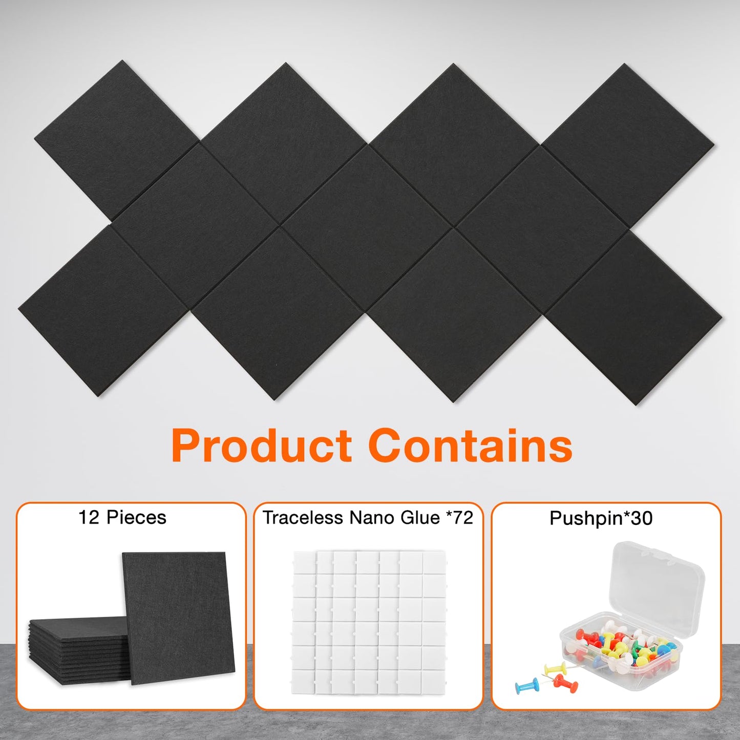 Large Cork Boards for Walls, 48" x 36", 12 Pack Bulletin Boards Alternative, Cork Board for Office, Black Felt Wall Tiles, with Removable Nano-Adhesive and Pushpins