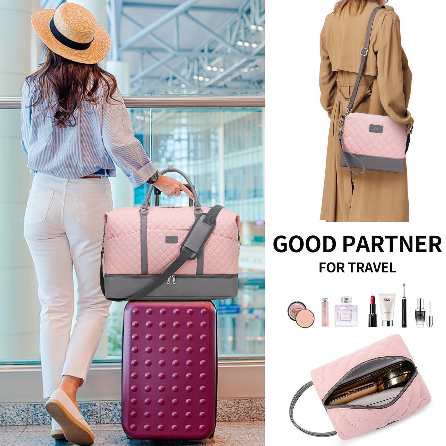 Weekender Bags for Women with Toiletry Bags Large Overnight Bags Travel Duffel Bag Carry On Shoulder Weekend Tote with Shoe Compartment and Wet Pocket