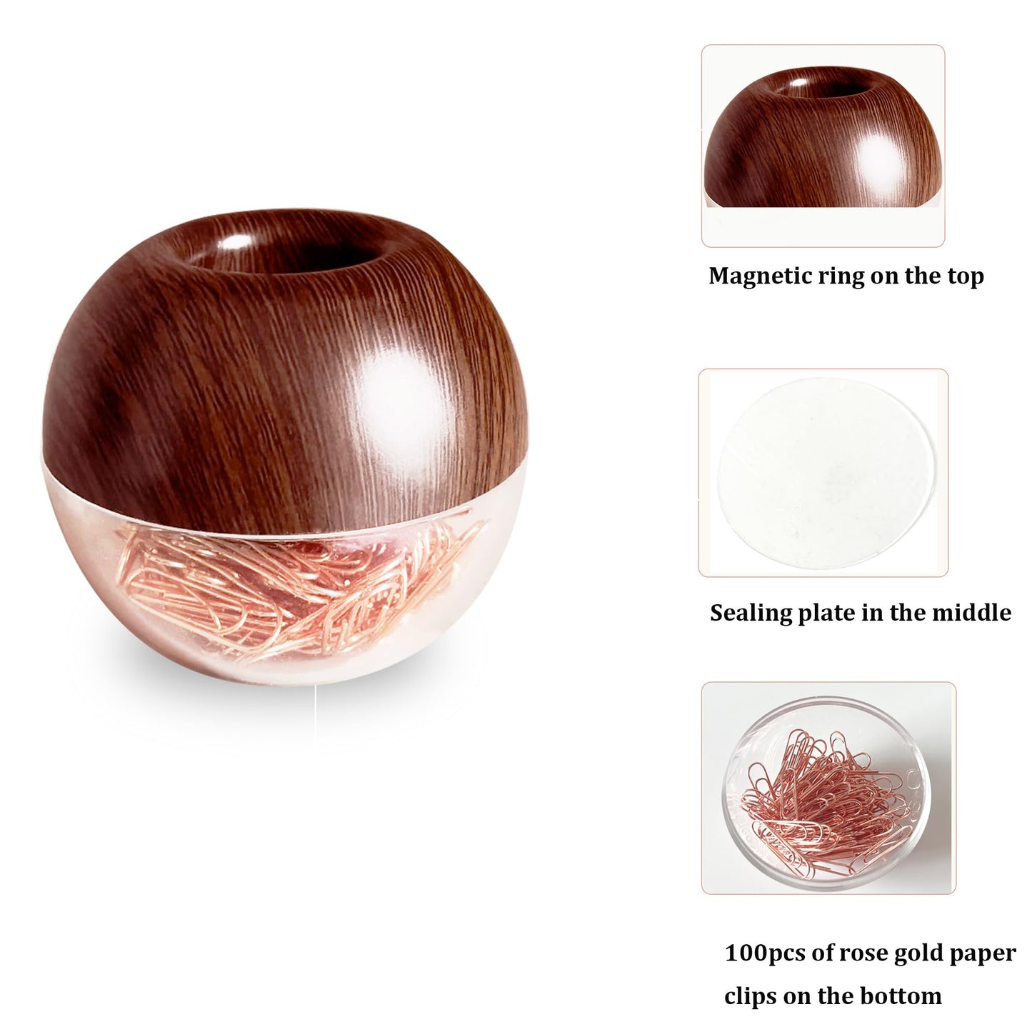 Walnut Wood Paper Clip Holder , Wooden Magnetic Paper Clip Dispenser with Rose Gold PaperClips 100pcs 28mm(1.1") Cute Office Supplies for Desk Organizer