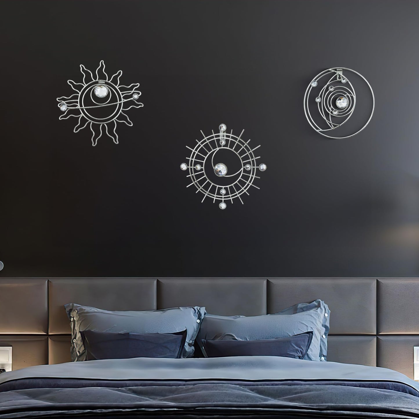 Silver Metal Wall Art, Abstract Sun Moon Star Decor, Handmade Wall Decor