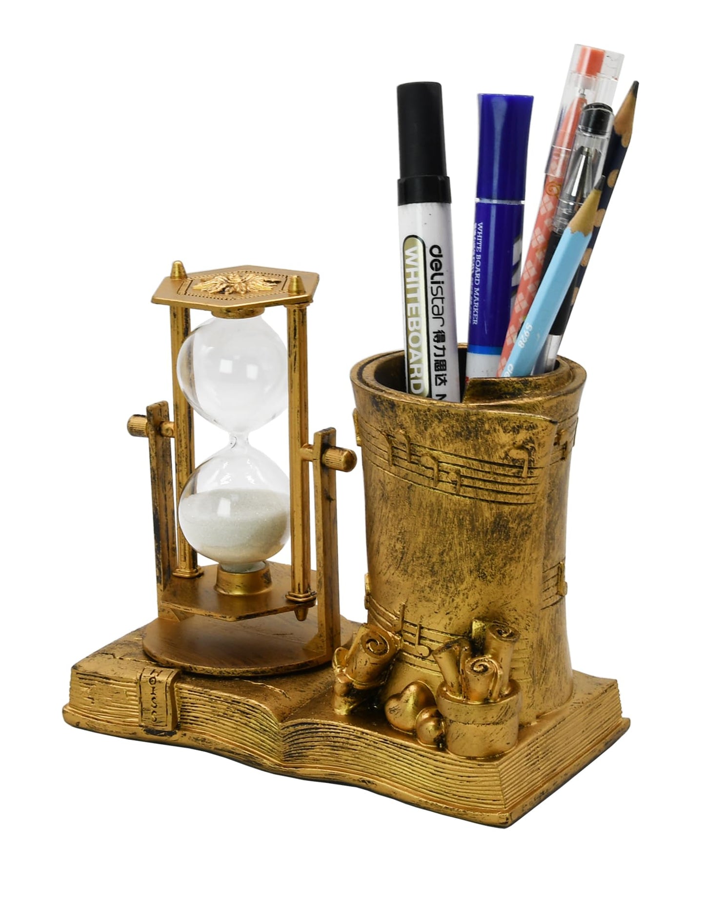 Music-Themed Pencil Holder with Hourglass, Resin Desktop Organizer for Office & Study, Pen Holder with Sand Timer, Classic Addition Scissors Storage, Artistic Accessory Gift