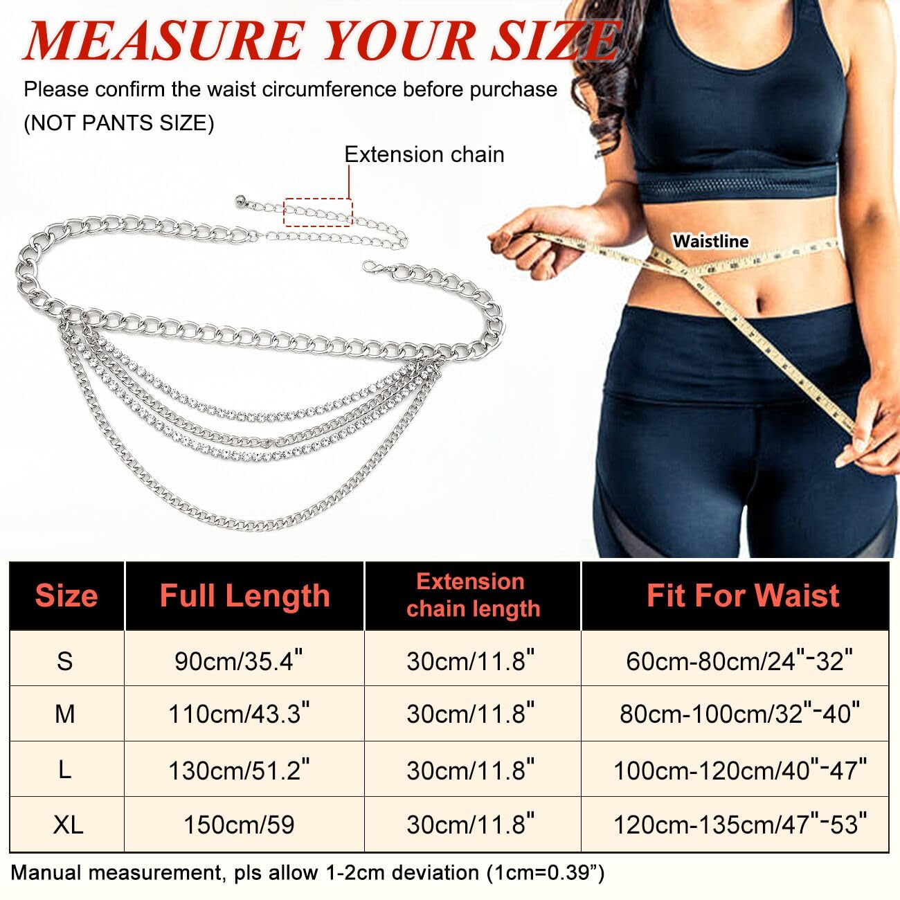 Suyi Multilayer Chain Belt Rhinestone Metal Chain Belts for Women Punk Gold Waist Chain Plus Size 150CM Silver
