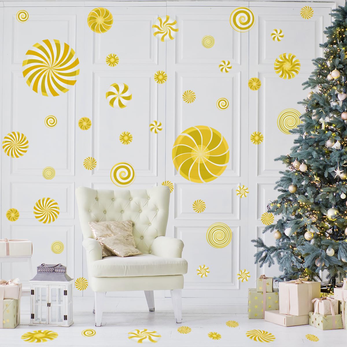 77 Pcs Christmas Candy Wall Decals Decorations Christmas Wall Stickers Gold Peppermint Candy Floor Decals for Xmas Candyland Party Decorations