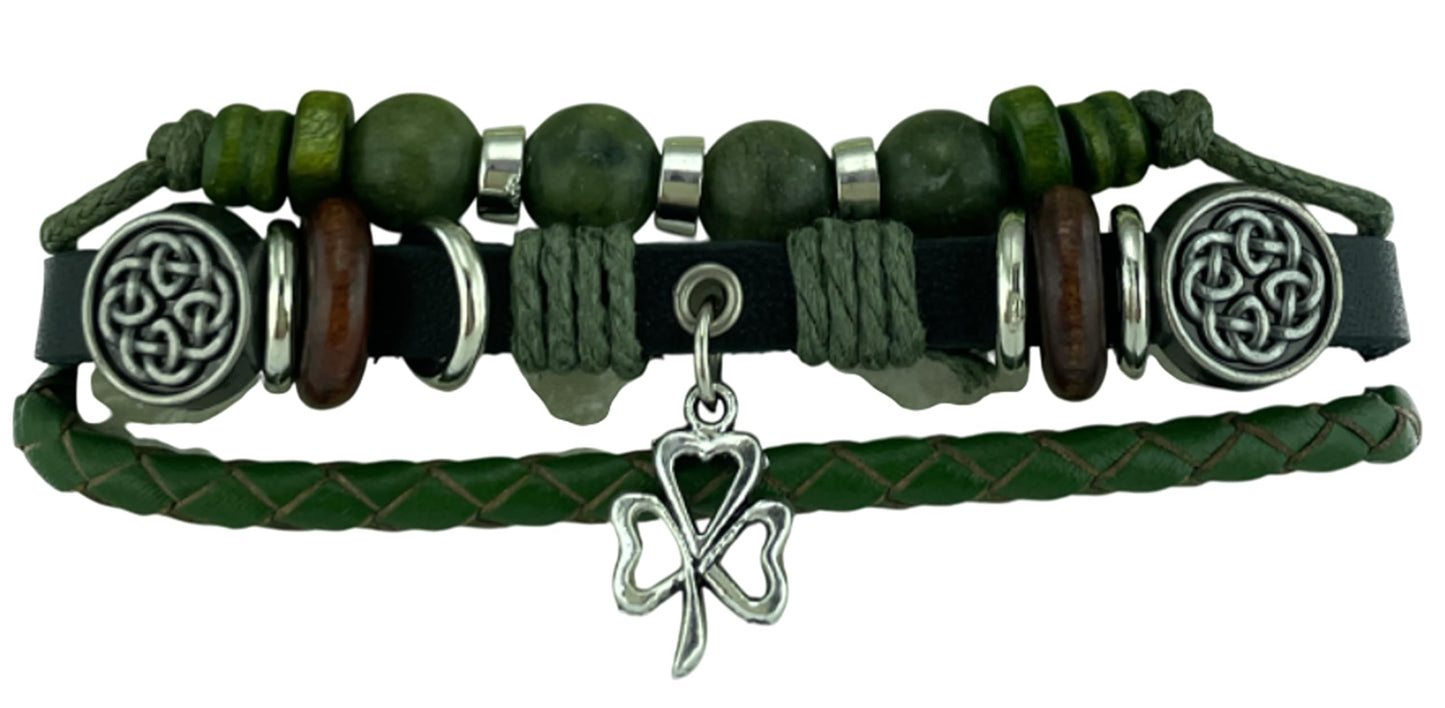 JC Walsh and Sons Charm Hippy Bracelet Connemara Marble Beads Adjustable Genuine Leather Bracelet Birthday Irish Gift Celtic Symbol Present (Shamrock, Adjustable)