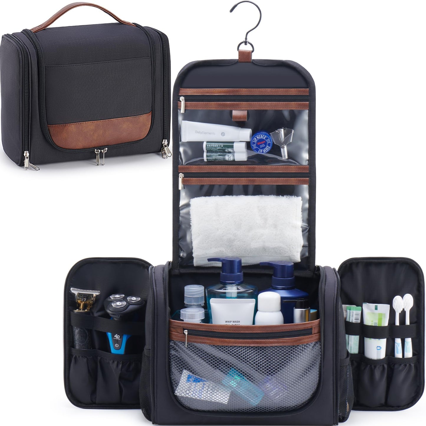 Ralnitote Large Hanging Toiletry Bag for Men, Travel Bathroom Bag with Hook, Hygiene Bag Organizer for Shower, Shaving & Grooming Essentials, Black