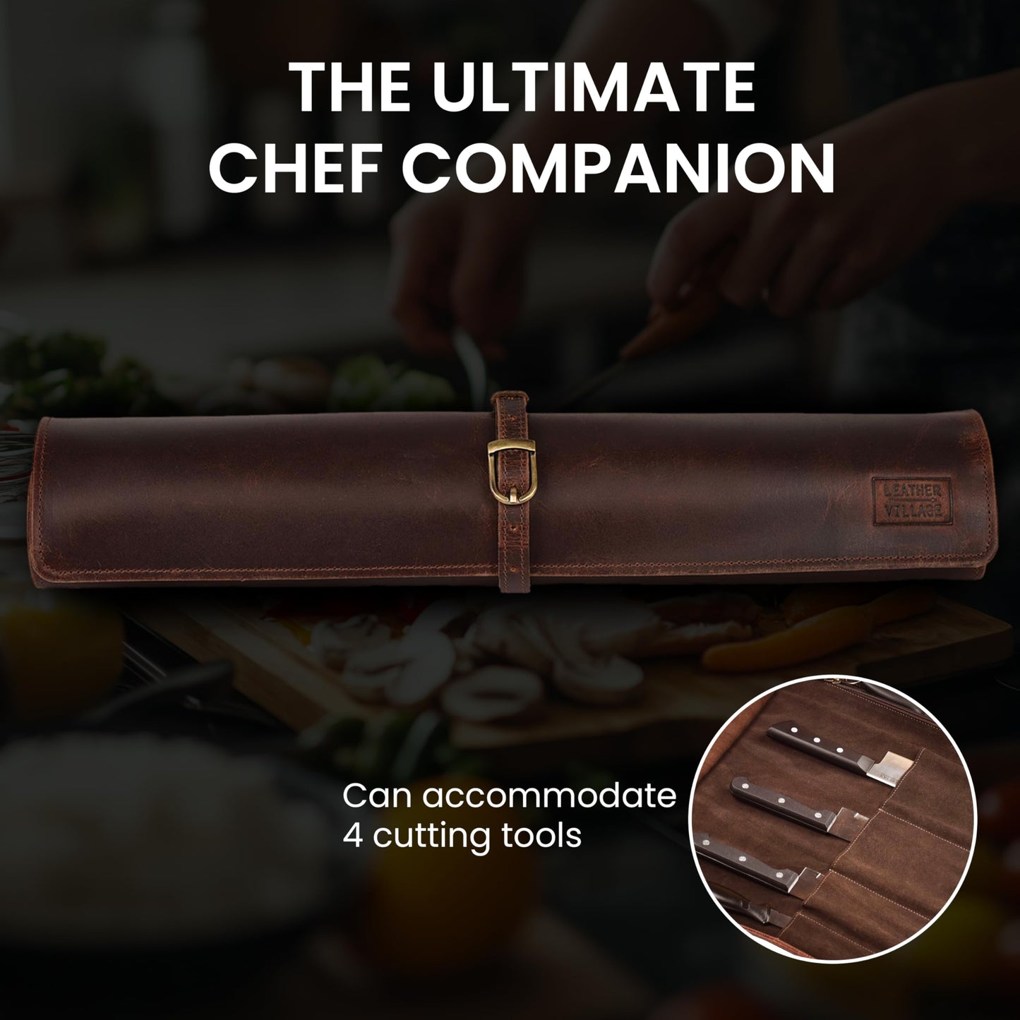 LEATHER VILLAGE Genuine Leather Knife Roll Bag – Professional Chef Carrying Case, Durable Sheath Holder, Cooks & Culinary Tools Organizer, Portable Travel Storage with 4 Slots & Zipper - Cherry