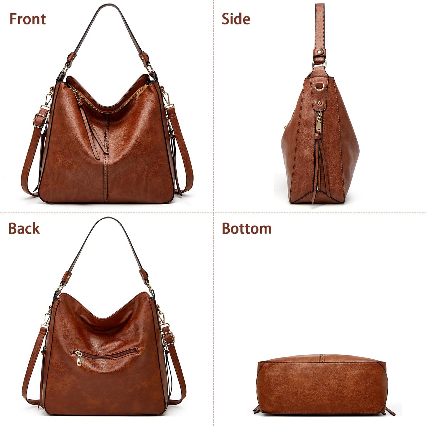 Large Capacity Hobo Tote Bag for Women, Soft Vegan Leather Crossbody Shoulder Handbag, Purse and Wallet Set - Brown