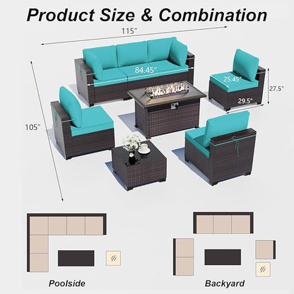 ALAULM 8 Pieces Outdoor Patio Furniture Set with Propane Fire Pit Table Outdoor Sectional Sofa Sets Patio Furniture 43" Gas Fire Pit Brown PE Rattan Patio Conversation Set w/6 Cushions (New Blue)