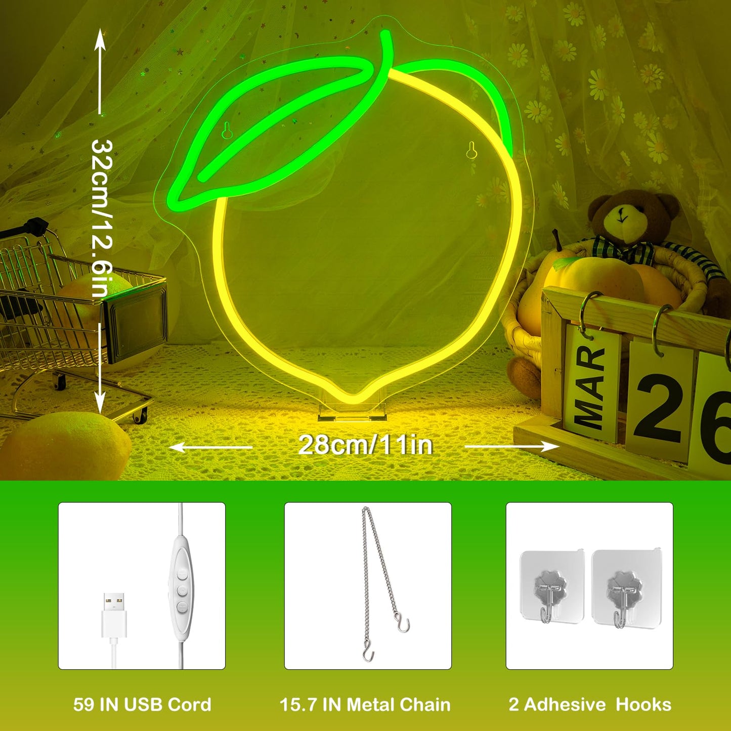Lemon Neon Sign Lemons Yellow Led Sign Fruit Shape Neon Light for Apartment, Bar, Kids' Room,Bedroom,KTV Pub, Shop Wedding, Celebration (12.6"*11")
