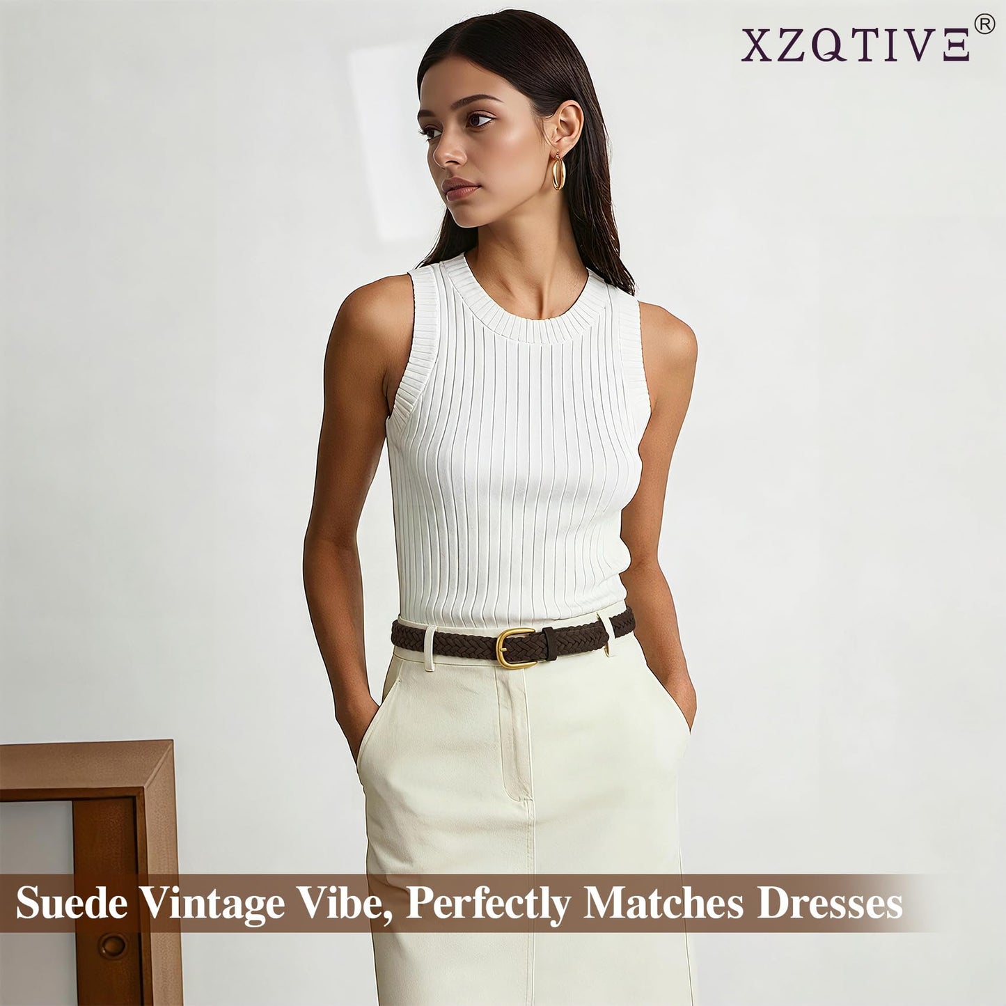 XZQTIVE Women’s Braided Suede Belt with No-Hole Adjustable Design – Vintage Woven Leather Waist Belt for Dresses,Jeans and Casual Outfits