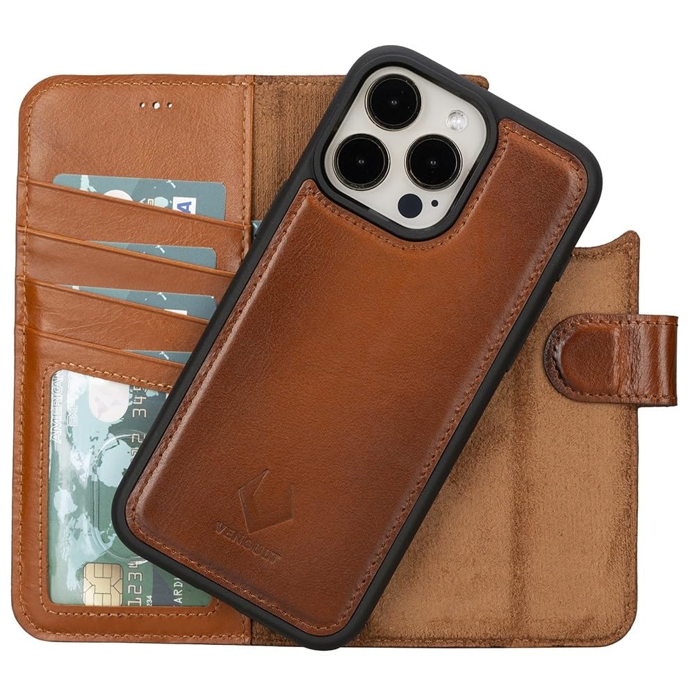 VENOULT Detachable Wallet Case for iPhone 15 Pro MAX, 4 Card Holder Wallet, Man or Women Folio Cover, Compatible with Magsafe, RFID, Genuine Leather, Kick Stand (Chestnut Brown)