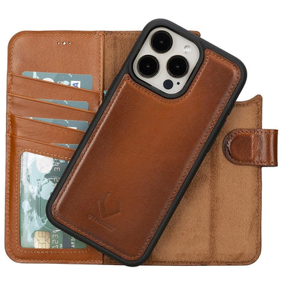 VENOULT Detachable Wallet Case for iPhone 15 Pro MAX, 4 Card Holder Wallet, Man or Women Folio Cover, Compatible with Magsafe, RFID, Genuine Leather, Kick Stand (Chestnut Brown)