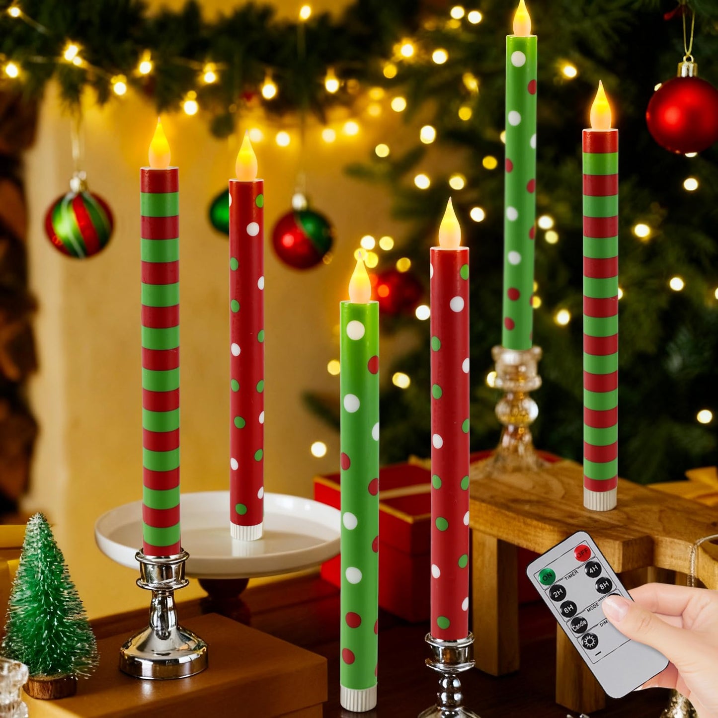 Sariiraw 6 Pcs 10.6 Inch Battery Operated Flameless Taper Candles - LED Candlesticks with Remote & Timer for Christmas, Winter Holiday & Party Table Decor