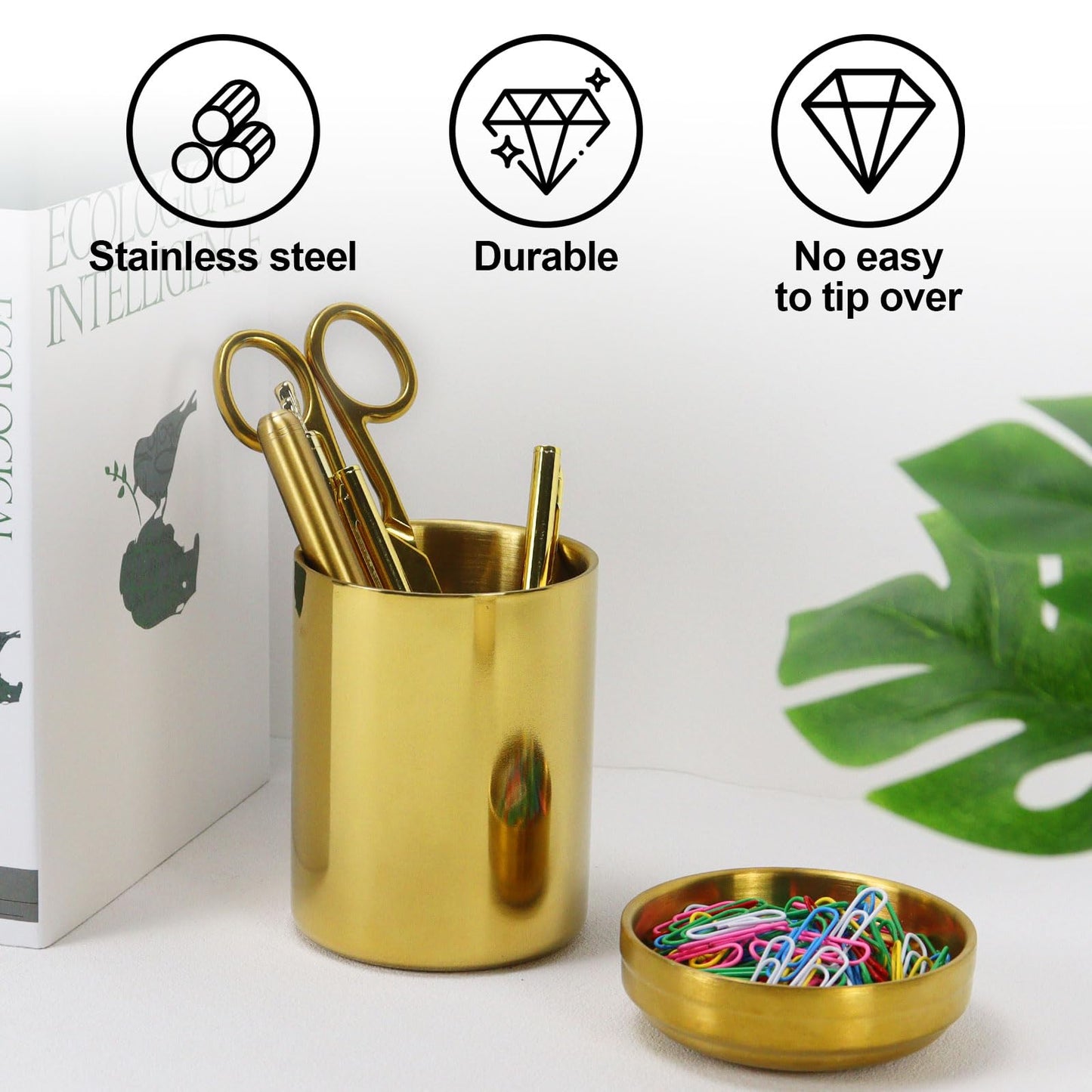 MultiBey 2 Pcs Gold Desk Organizer Set, Luxury Paper Clip Holder & Pencil Holder Cup for Office Supplies, Metal Makeup Brush Holder, Decorative Desktop Accessories (Gold)