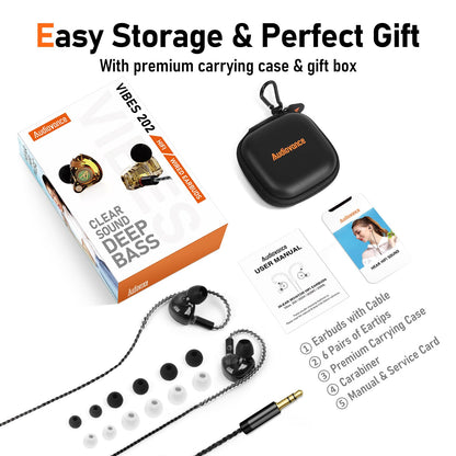 Vibes 202 Wired Earbuds - HiFi in Ear Monitor Headphones – Professional Noise Isolating Ear Buds - Clear Sound, Deep Bass & Comfort-Fit IEM Earphones - MMCX to 3.5mm, Silver Plated Cord, Carrying Case