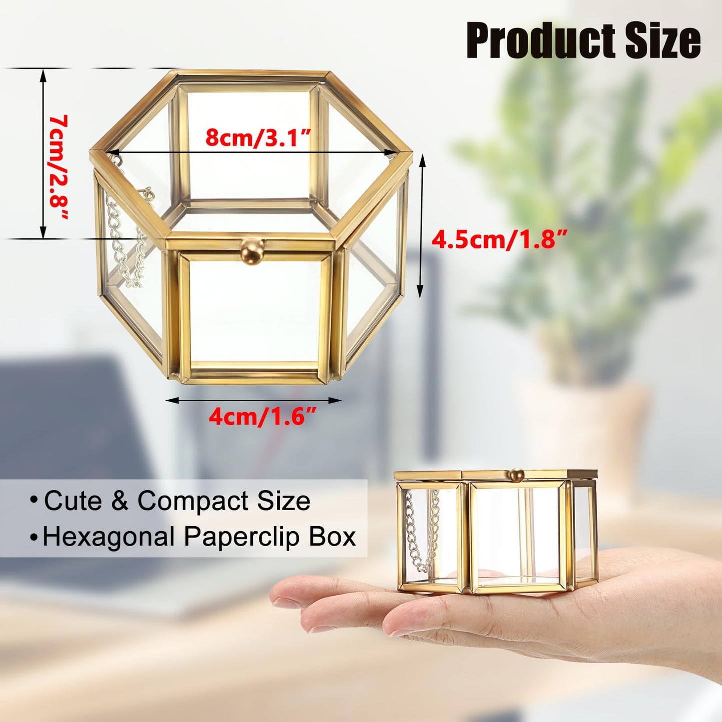 BTSKY Golden Glass Paper Clip Holder, Compact Hexagon Binder Holder for Desk, Clear Elegant Paper Clip Dispenser, Decorative Mini Storage Box Small Office Supply Accessory Organizer