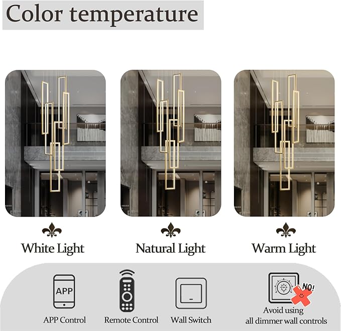 Flashing God Modern Chandelier,Gold Chandelier with 6 Ring Led Foyer Chandeliers,Larger High Ceiling Chandelier for Living Room,Square Chandelier for Entryway Staircase LED Dimming 2700k-6001k
