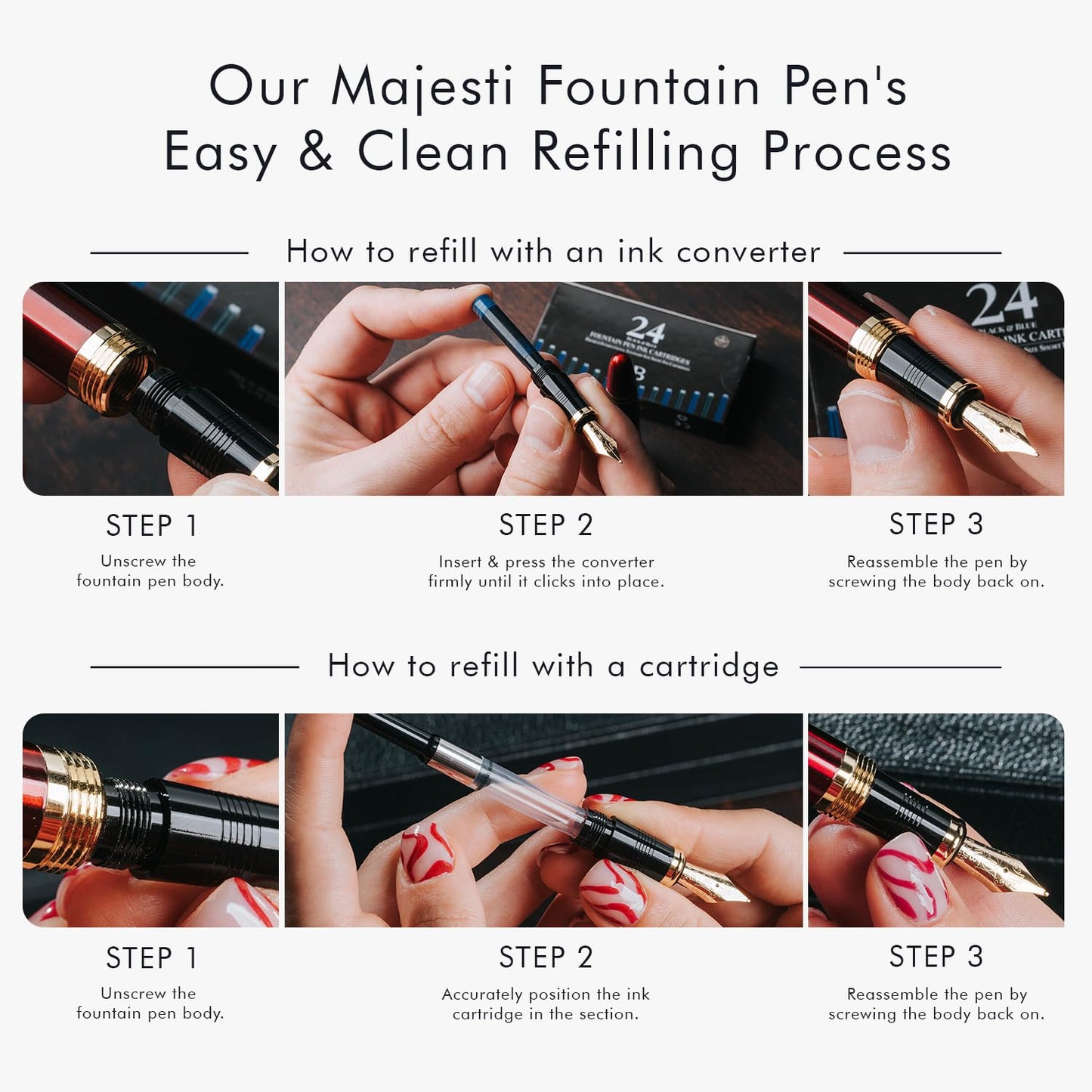 Wordsworth & Black Majesti Fountain Pen-(Red), Luxury Case, 24K Gold Finish; 18K Gilded Medium Nib- Ink Cartridges, Refillable Ink Converter-Calligraphy Pen-Best Business Gift Set for Men & Women