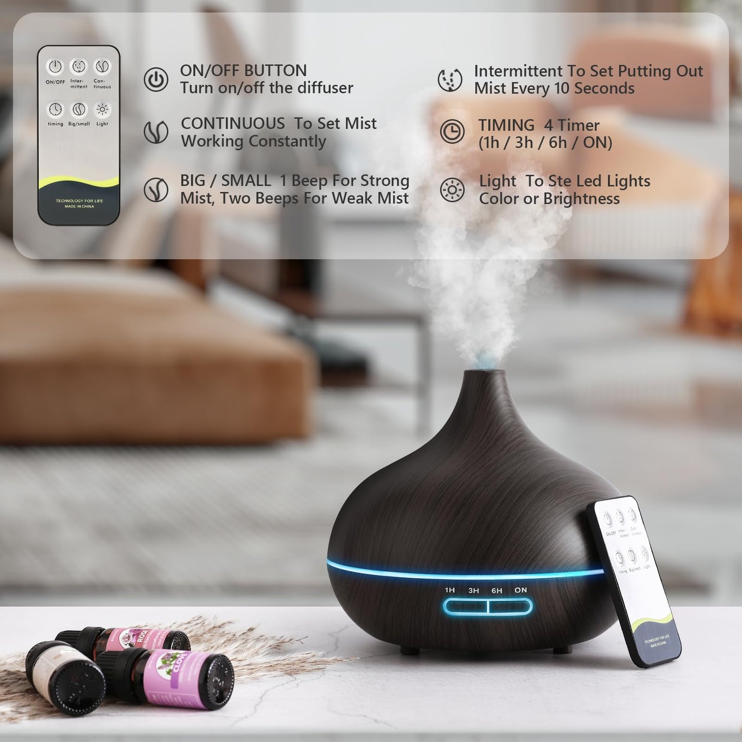 SACATR 550ml Oil Diffuser with 15x10mL Essential Oils, Ultrasonic Technology, Remote Control for Home Office