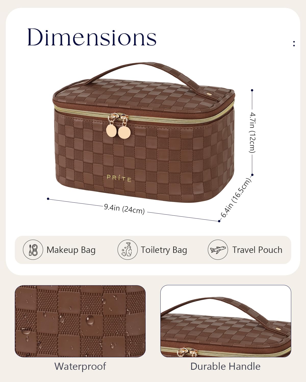 Prite Makeup Bag, Large Capacity Cosmetic Bag for Women and Girls, Waterproof PU Leather Travel Case with Handle, Divider for Skincare and Brushes - Checkered Brown