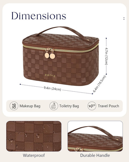 Prite Makeup Bag, Large Capacity Cosmetic Bag for Women and Girls, Waterproof PU Leather Travel Case with Handle, Divider for Skincare and Brushes - Checkered Brown