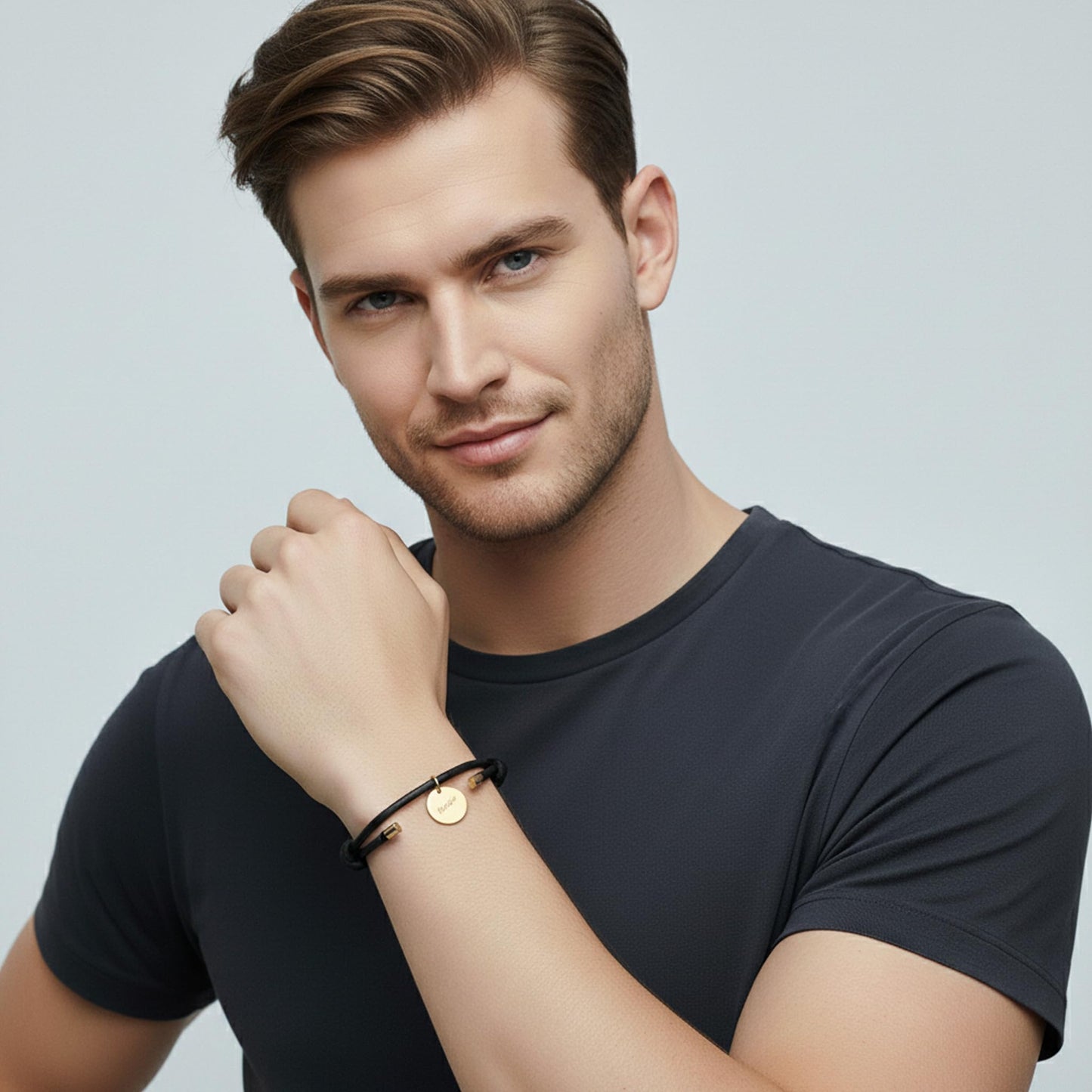 Leporem Minimalist Wristband Black Cord with Blank Round Pendant Elegant Dark Jewelry for Date Night, 6.1-7.9 Inch (Black, 18K Gold Plated)