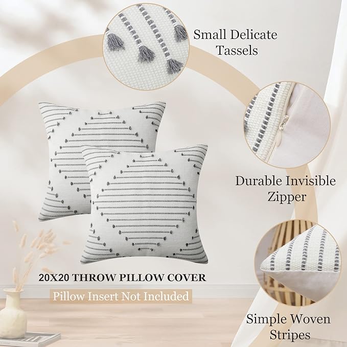Mecatny Boho Outdoor Throw Pillow Covers 20X20 Set of 2, Farmhouse Decorative Pillow Covers for Couch Sofa Living Room, Grey & Cream White