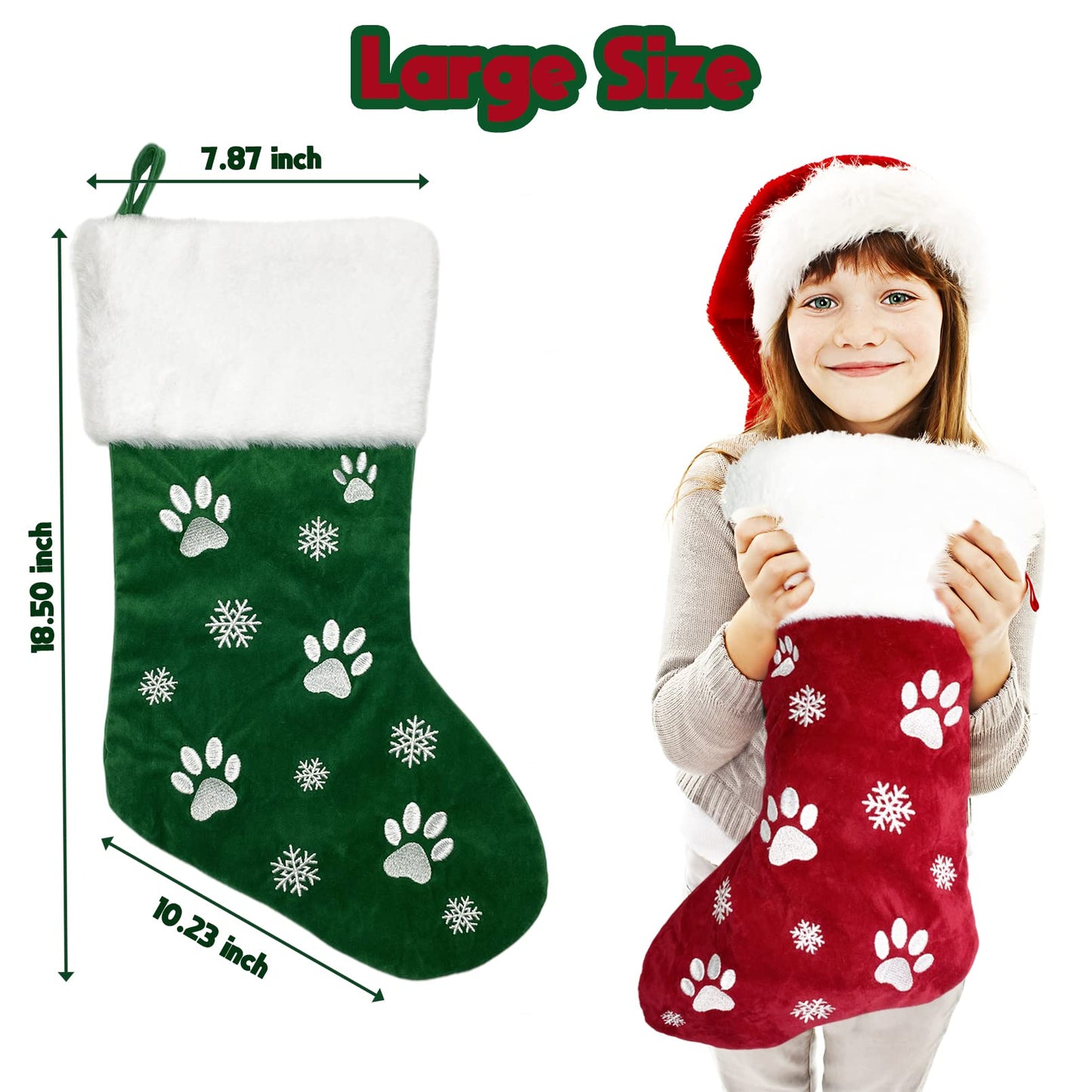 Christmas Stockings, 2 Pcs 18 inches Christmas Stockings, Burlap with Large Plush Cuff Stockings, for Family Holiday Xmas Party Decorations (Red&Green)