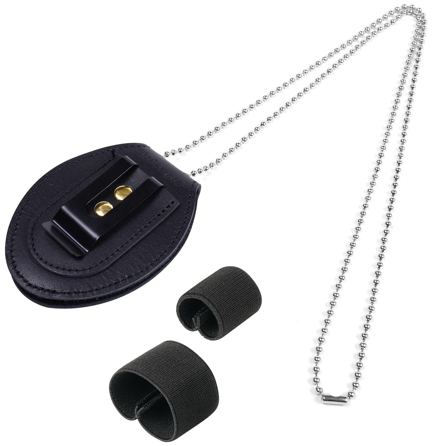 Cowhide Leather Oval Shape Police Badge Holder with Stainless Bead Chain Necklace and Elastic 6pcs 1" Backpack Straps Keeper and 6pcs 1 1/2" Wide Belt Loop Organizers Bundle
