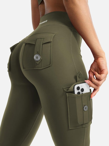 YEOREO CoreFlex Women Workout Flare Leggings with Pockets Hidden Scrunch High Waisted Cargo Gym Yoga No Front Seam Leggings Army Green S