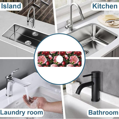 Blooming Peony Kitchen Sink Splash Guard Faucet Mat Pink Peony Flowers Super