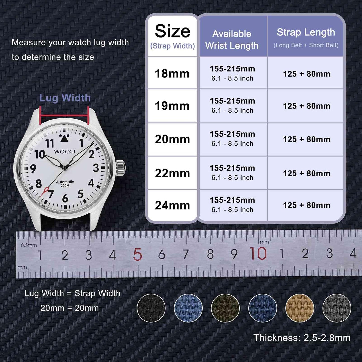 WOCCI 18mm Watch Band, Canvas Fabric, Quick Release, Replacement Strap, Black Buckle (Army Green)