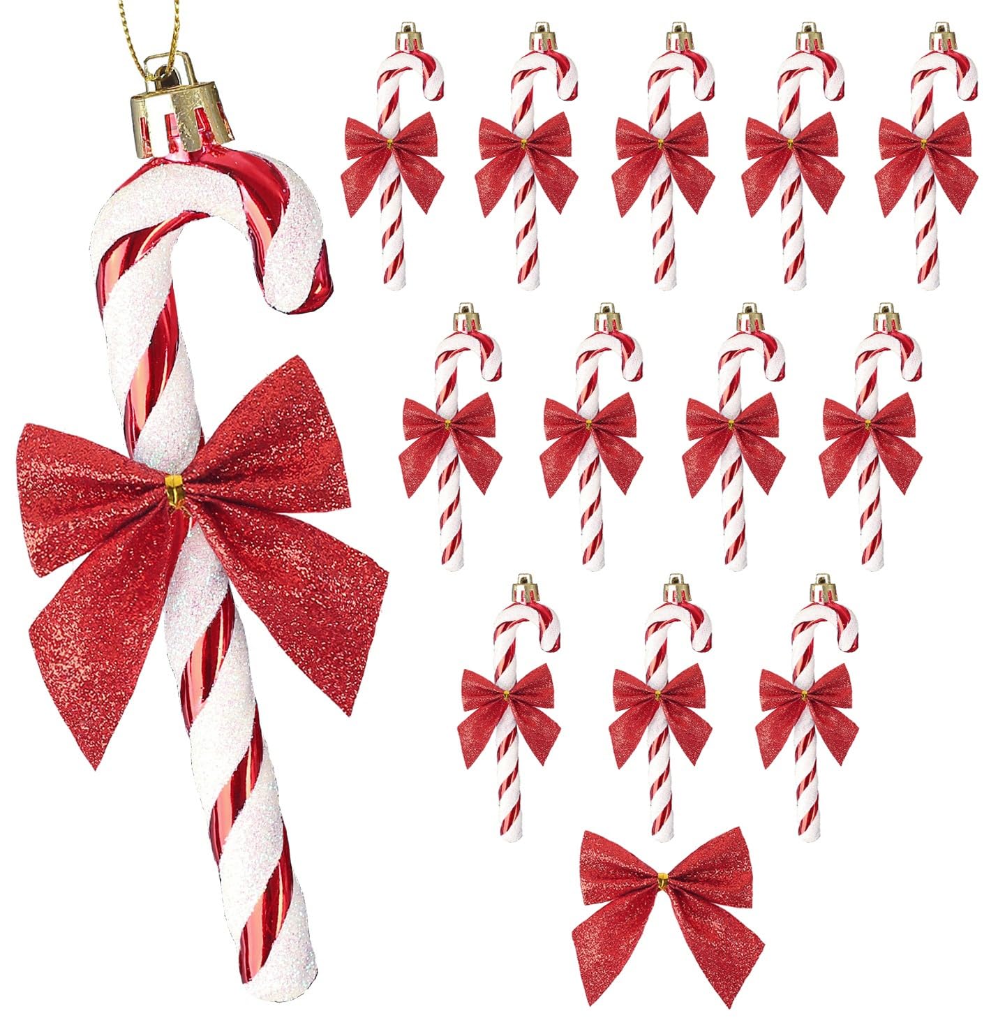 HERZWILD 12Pcs Christmas Glitter Candy Cane with Bow Red Plastic Candy Cane Decoration Christmas Tree Hanging Ornament for Holiday Party Decoration Favor(Red Bow)