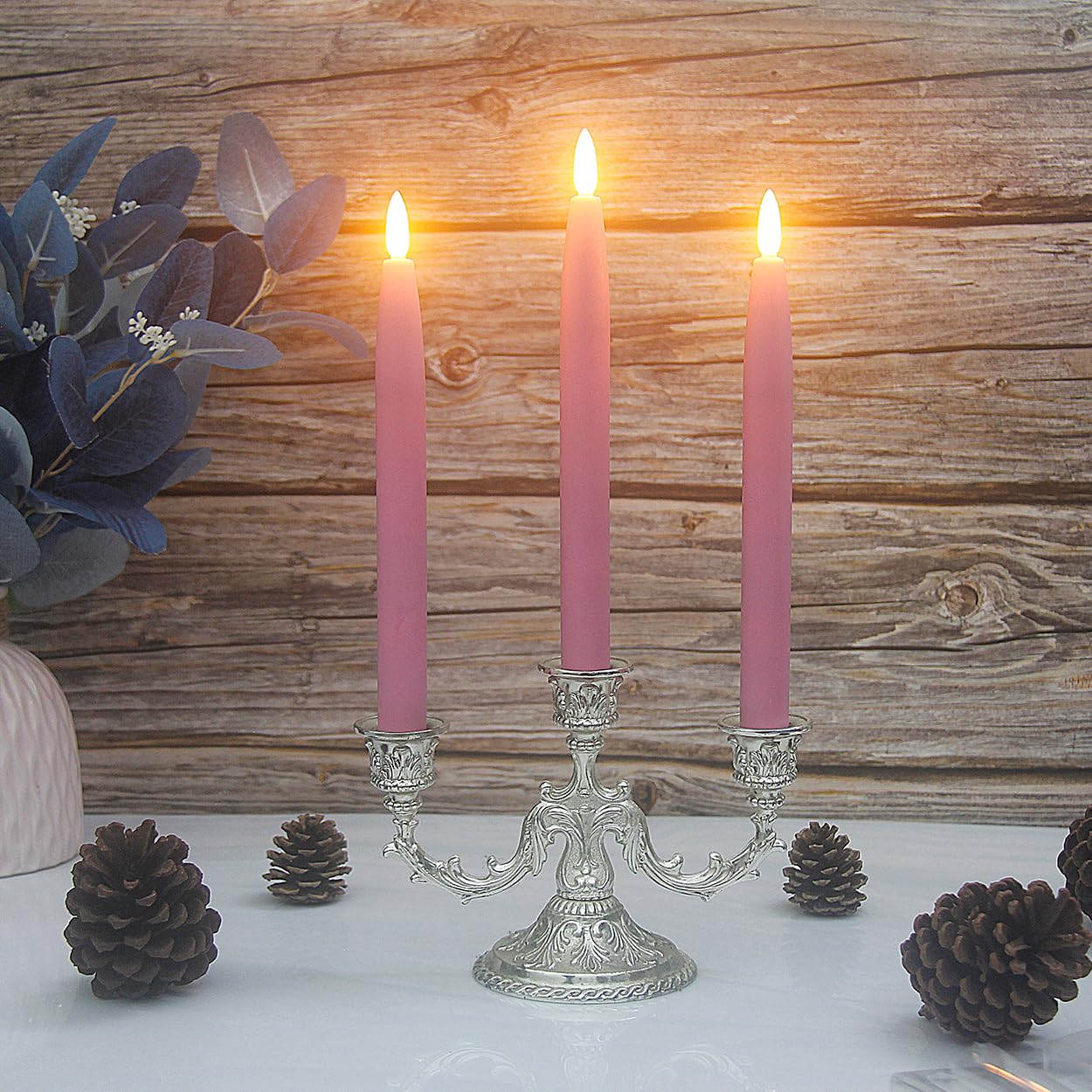 HVTDECOR Flameless Taper Candles Battery Operated with Timer and Remote, LED Real Wax Tapered Dinner Candle, Window Candle Set of 3. Centerpieces for Dining, Table, Christmas, Wedding (Pink)