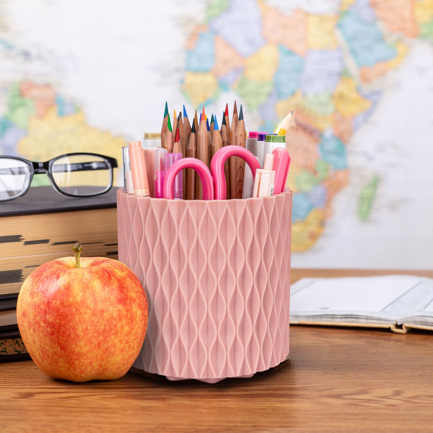 4Johor Pencil Holder - 360° Rotation, 5 Slot Desk Supplies For Women Office Aesthetic. Pencil Holder For Office&School, Desk Accessories(Pink)