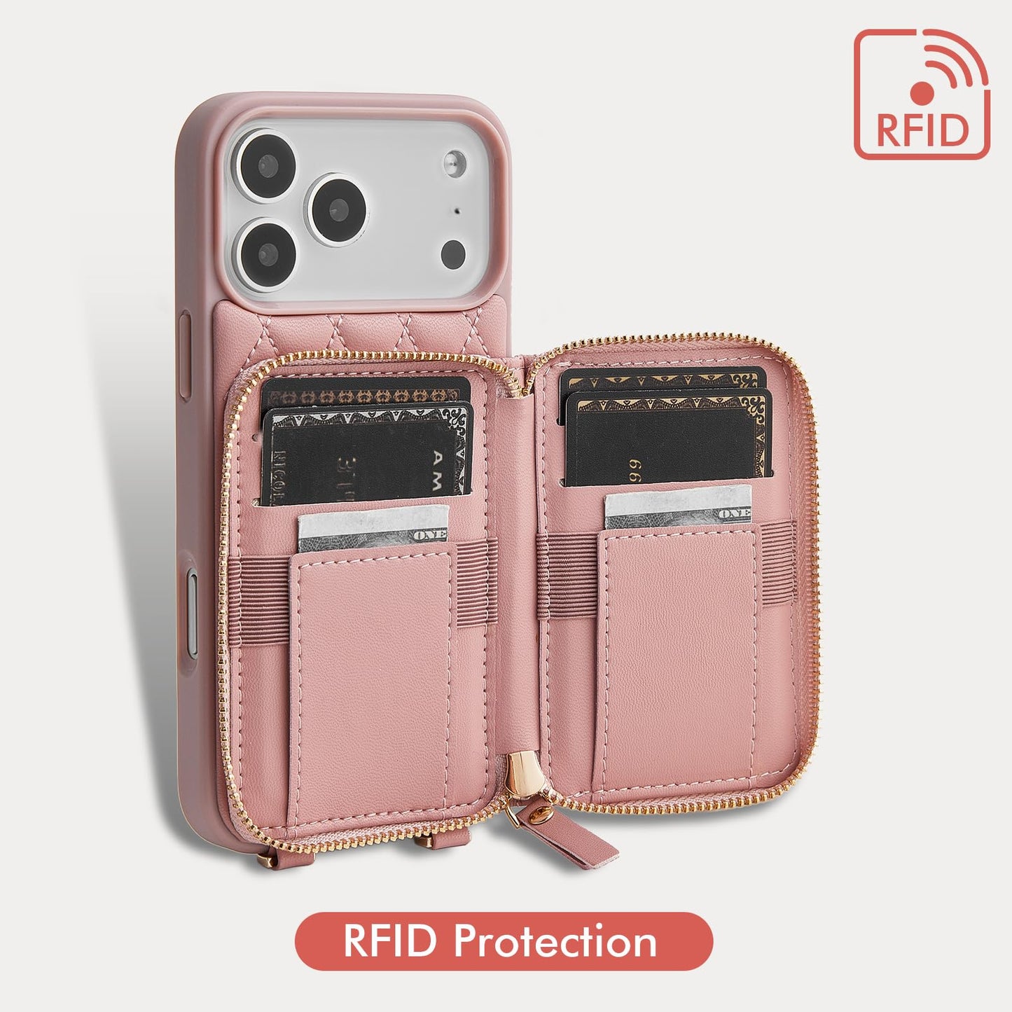 LAMEEKU for iPhone 17 Pro Max Crossbody Case Wallet, Leather Zipper Cover with Card Holder Wrist Strap for Women 6.9'' Pink