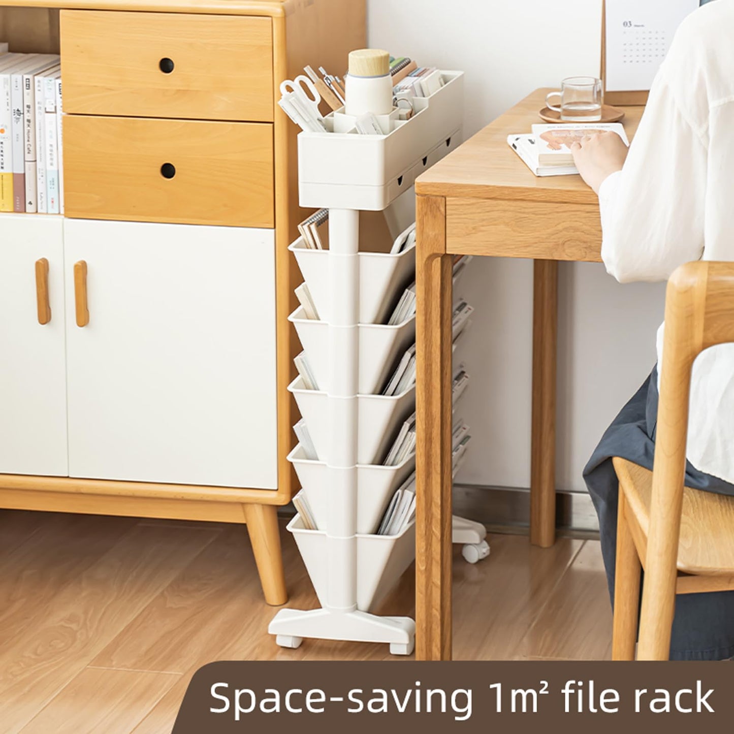 5 Tier Rolling Book Cart Multi-Functional Movable Storage Bookshelves with Lockable Wheels for Study Office Library Classroom, White (Whtie, with Wheel)