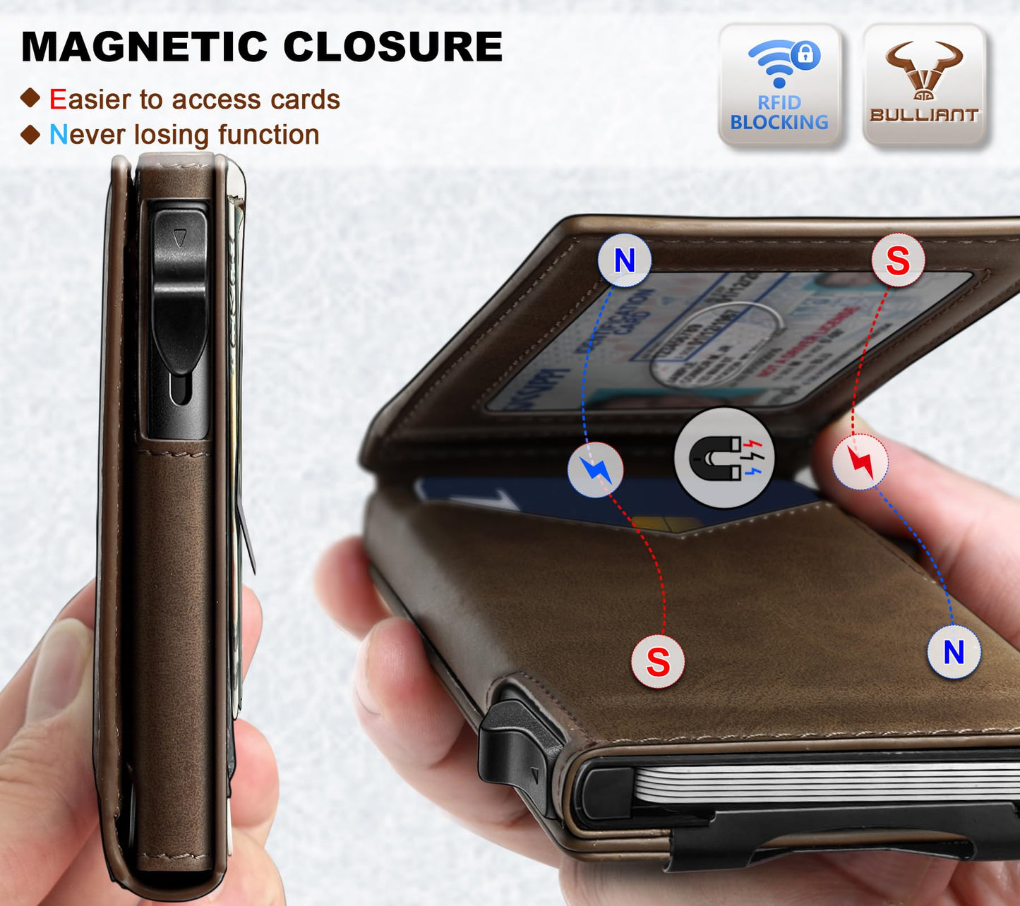 BULLIANT Men Wallet,Magnetic Metal Wallet Money Clip 9Cards Pop-up Access RFID Blocking