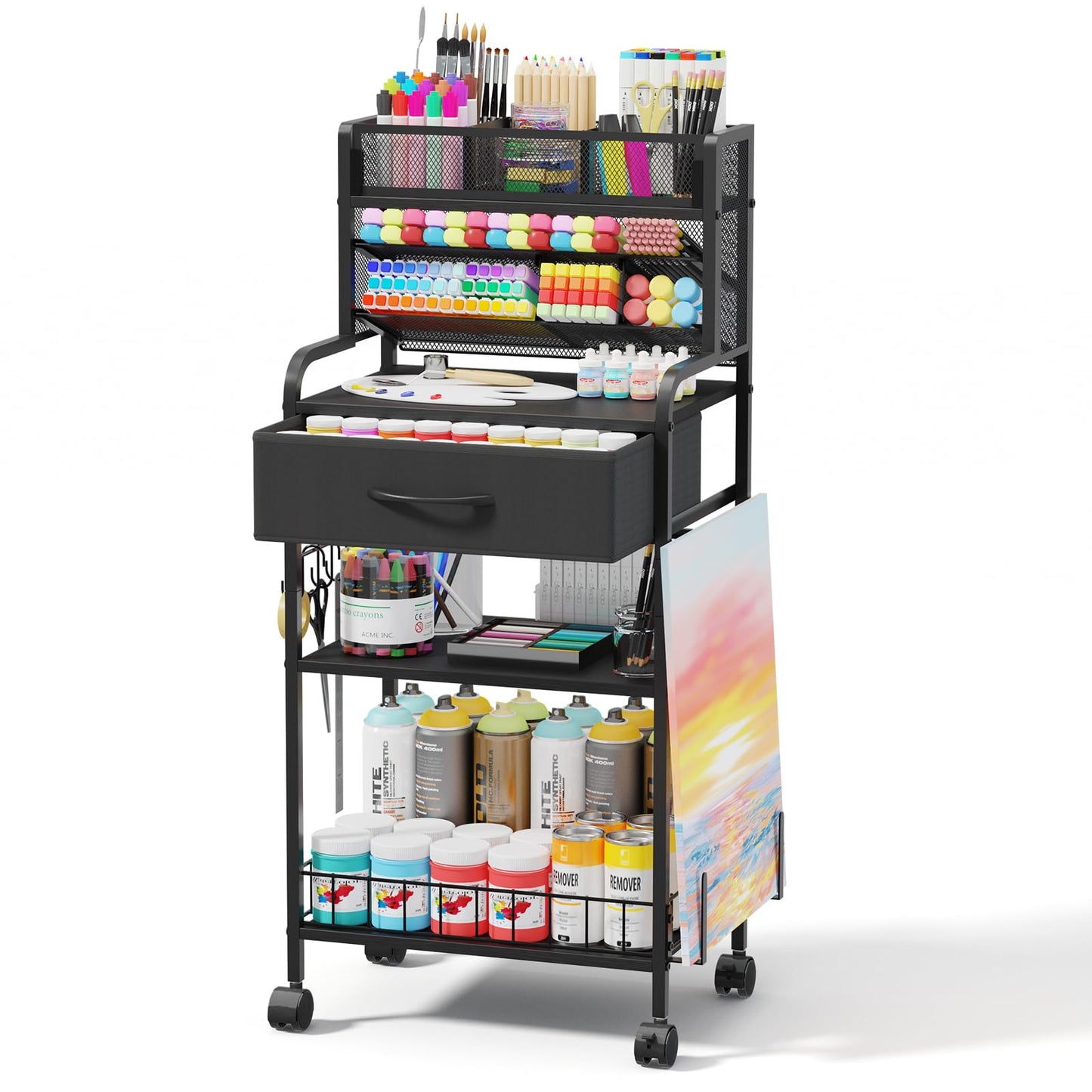 Homsorout Art cart, 3 Tier Rolling Cart - Utility Cart with Storage Drawer and Wheels, Versatile Art & Craft Organizer for Home, Office, or Studio Ideal for Storing Brushes, Paints (Black)