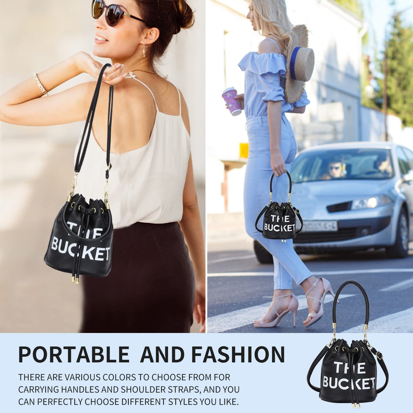 JQAliMOVV Mini Leather Bucket Bags for Women Drawstring Bucket Purse Crossbody Handbags Hobo Bag (Black)