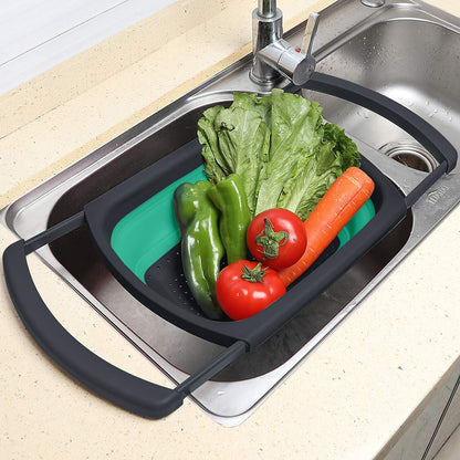 Qimh Colander collapsible, Colander Strainer Over The Sink Vegetable Fruit Strainer Basket (6 Quart) with Extendable Handles, New Kitchen Essentials