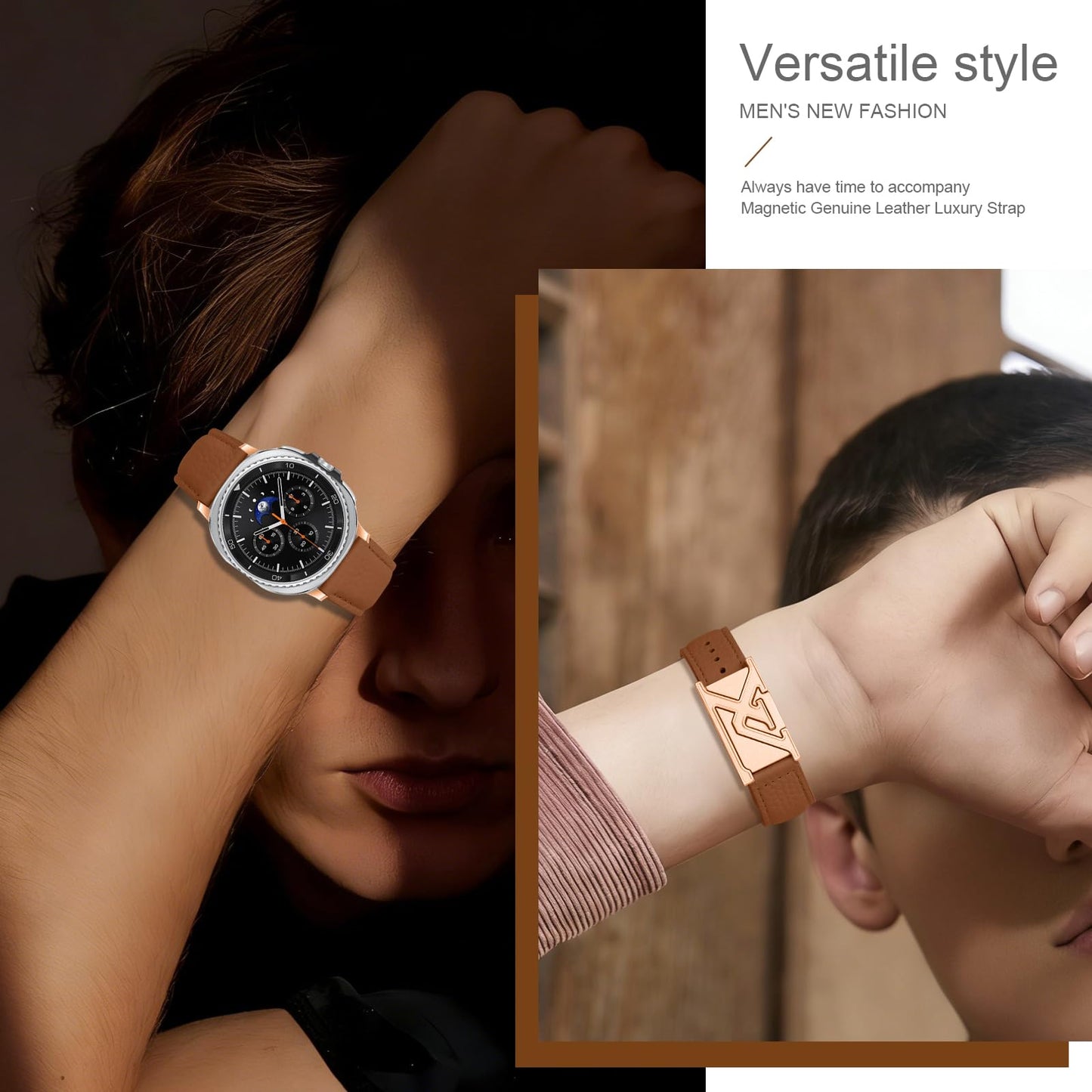Magnetic Buckle Genuine Leather Band Compatible with Samsung Galaxy Watch 8 40mm 44mm Classic 46mm, Premium Replacement Strap for Men Women Smartwatch