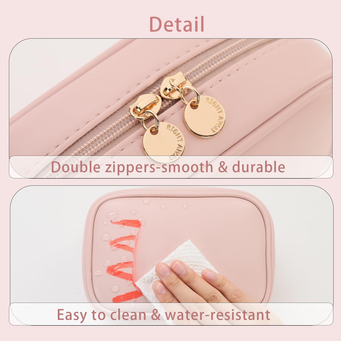 RIGHT AWAY Small Makeup Bag for Purse,Cosmetic Bag Organizer for Women,Waterproof PU Leather Make Up Pouch Toiletry Bag with Pockets,Portable Makeup Case for Travel Accessories&Accessories(Pink)